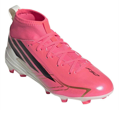 Pink-White - Pack Shot - Adidas Childrens-Kids League Multi Ground Mid Cut Football Boots