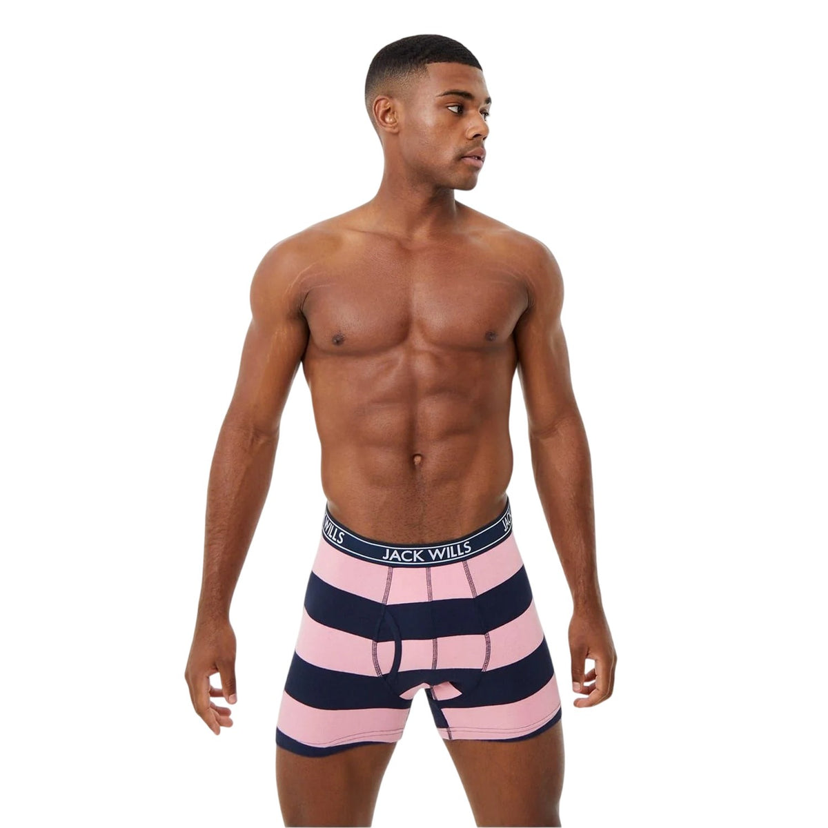 Pink-Navy - Side - Jack Wills Mens Daundley Stripe Classic Boxer Briefs (Pack of 3)