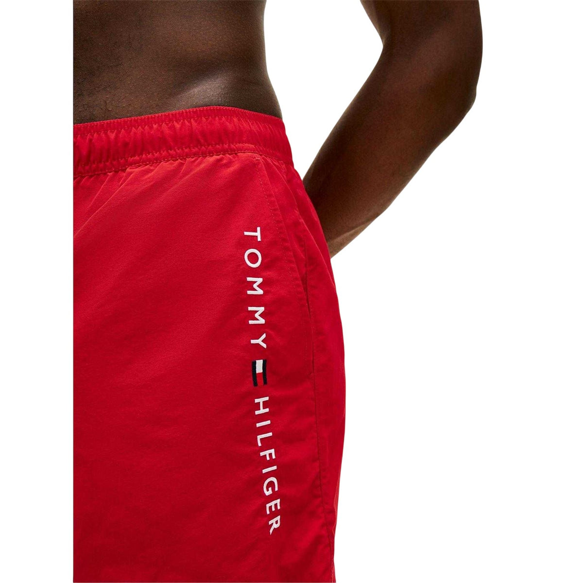 Red - Side - Tommy Hilfiger Mens Logo Mid Length Swim Shorts