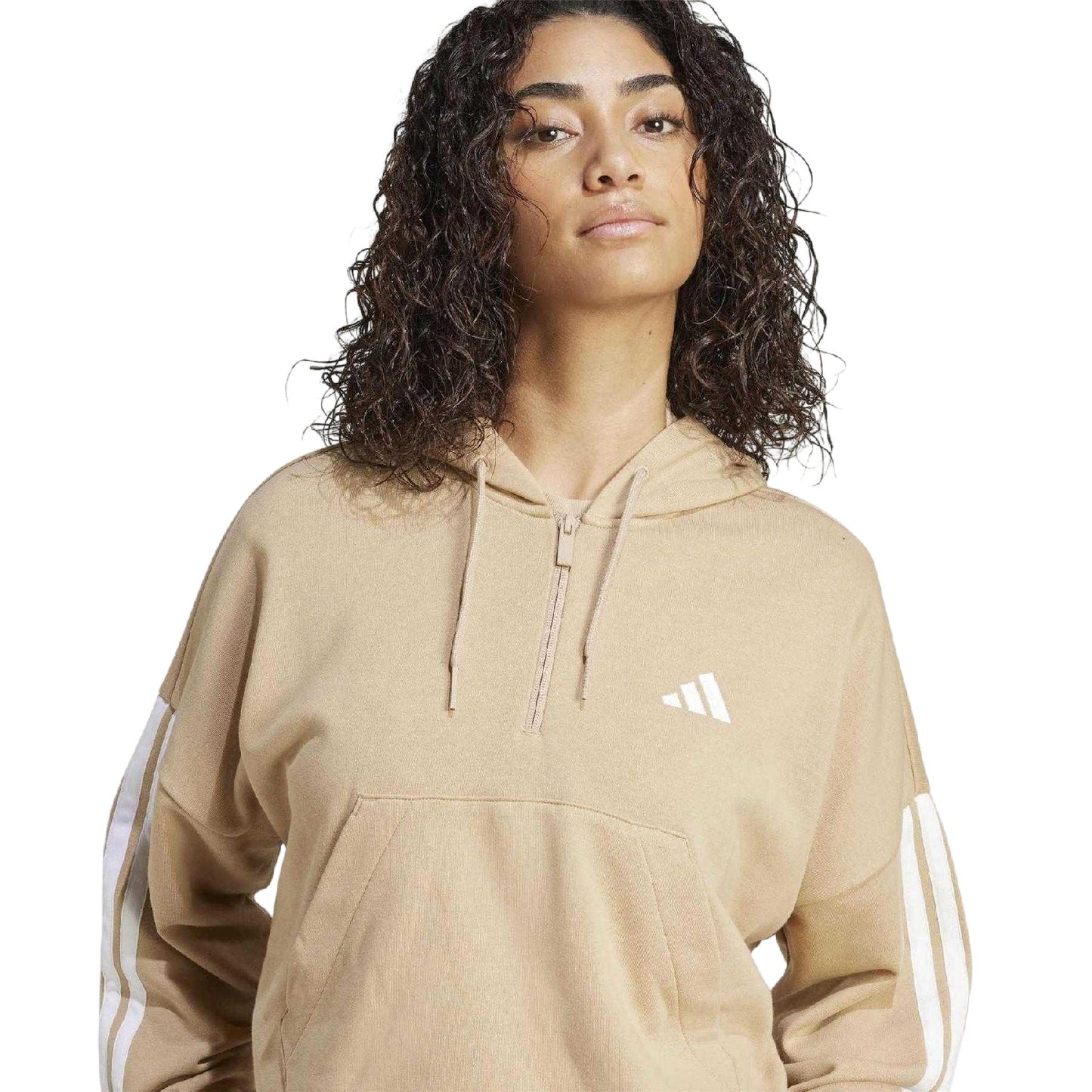 Sandstone - Side - Adidas Womens-Ladies Sportswear Essentials Stripe Quarter Zip Hoodie