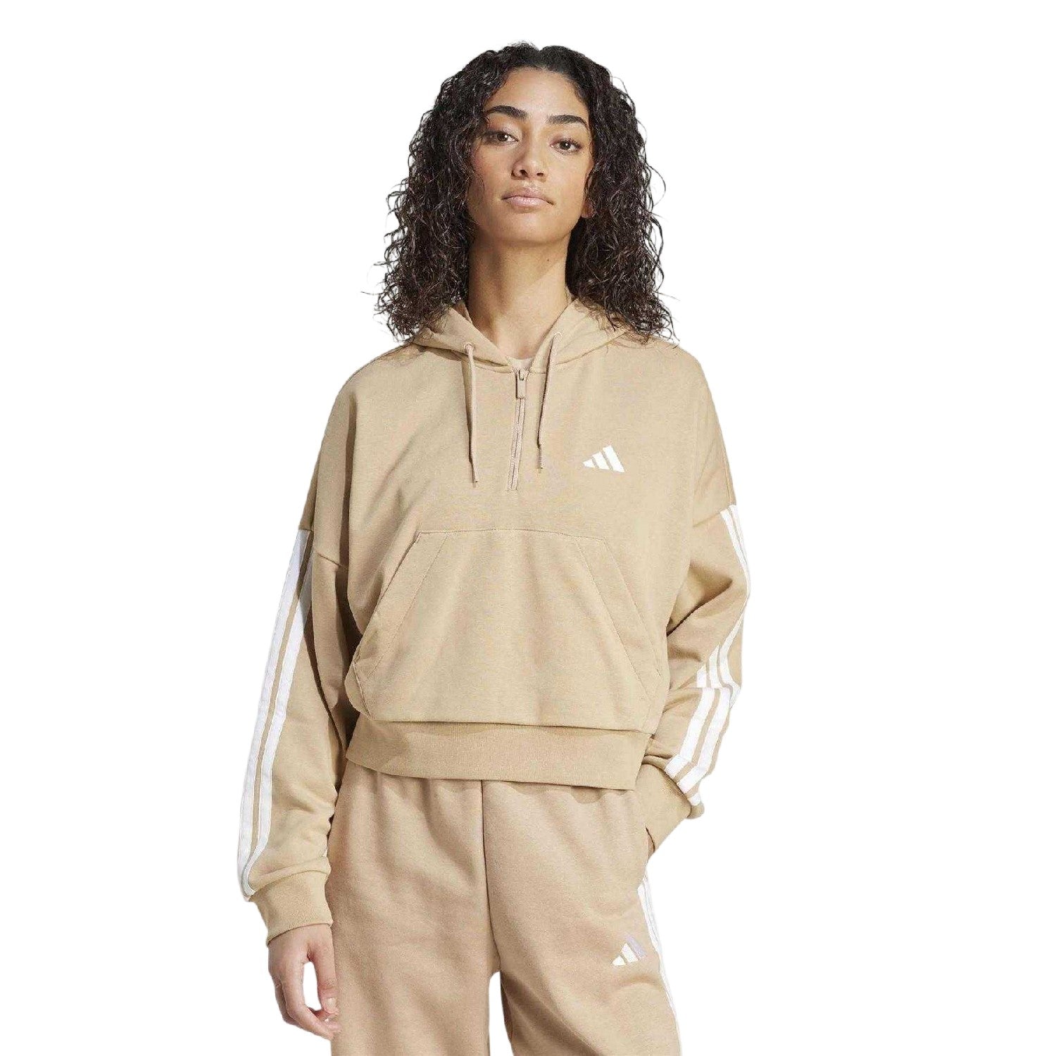 Sandstone - Lifestyle - Adidas Womens-Ladies Sportswear Essentials Stripe Quarter Zip Hoodie