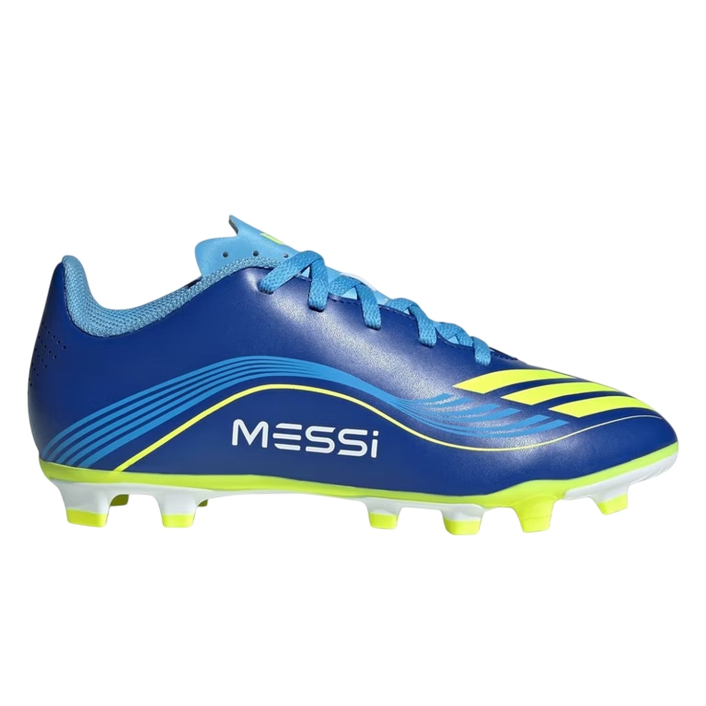 Blue-Yellow - Front - Adidas Boys F50 Club Lionel Messi Firm Ground Football Boots