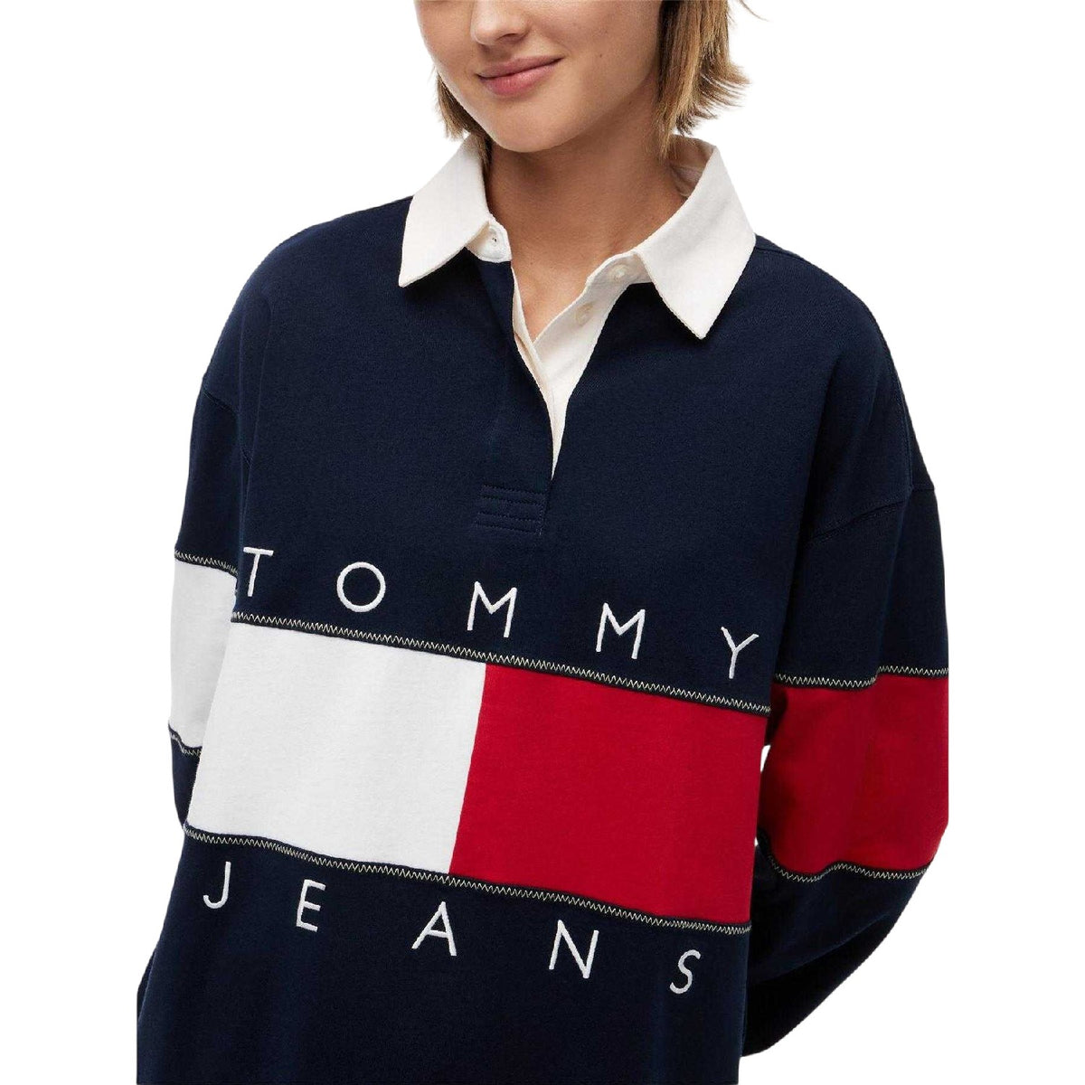 Dark Navy - Side - Tommy Jeans Womens-Ladies Long-Sleeved Rugby Shirt