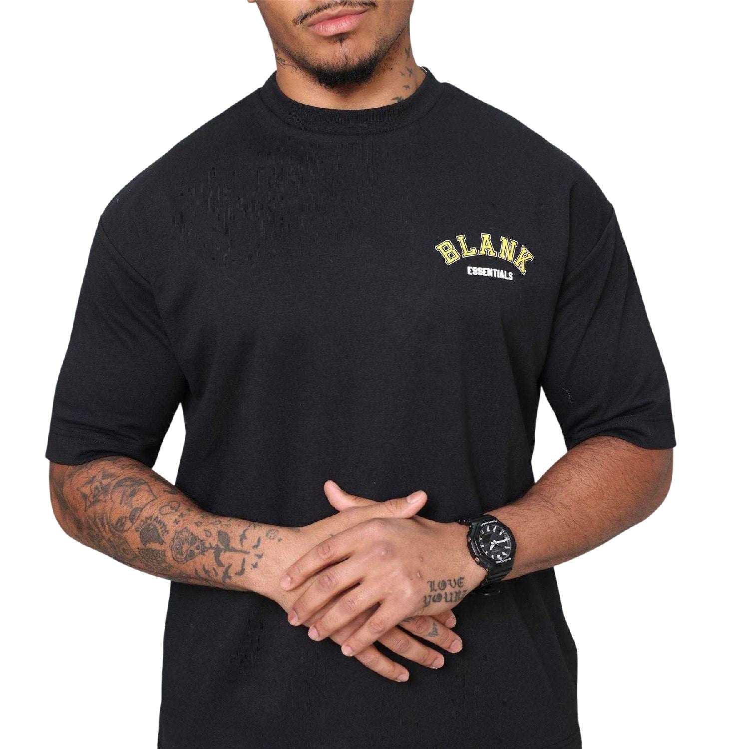 Black - Pack Shot - Blank Essentials Mens College Oversized T-Shirt