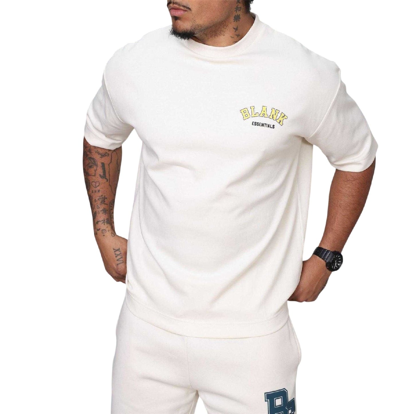 Bone - Pack Shot - Blank Essentials Mens College Oversized T-Shirt
