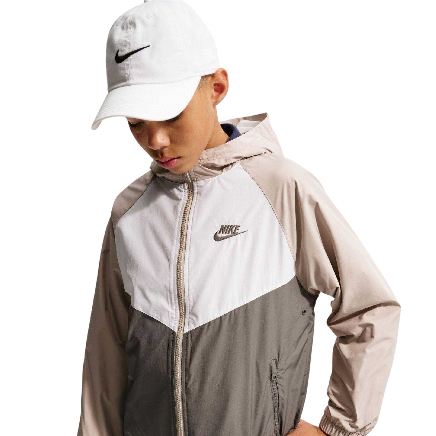 Stone-White - Lifestyle - Nike Childrens-Kids Windrunner Colour Block Zip Pocket Hooded Jacket