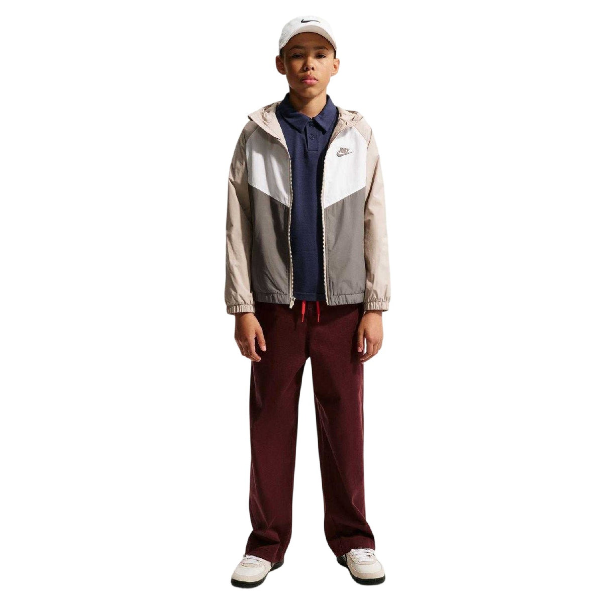 Stone-White - Pack Shot - Nike Childrens-Kids Windrunner Colour Block Zip Pocket Hooded Jacket