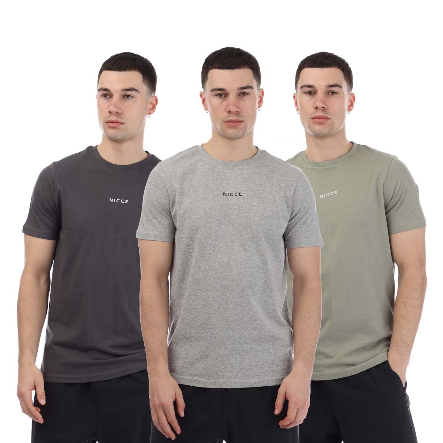Charcoal-Light Grey-Olive Green - Front - Nicce Mens Petras T-Shirt (Pack of 3)
