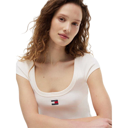 Antique White - Side - Tommy Jeans Womens-Ladies Embroidered Logo Slim T-Shirt