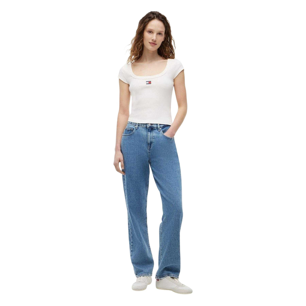Antique White - Lifestyle - Tommy Jeans Womens-Ladies Embroidered Logo Slim T-Shirt