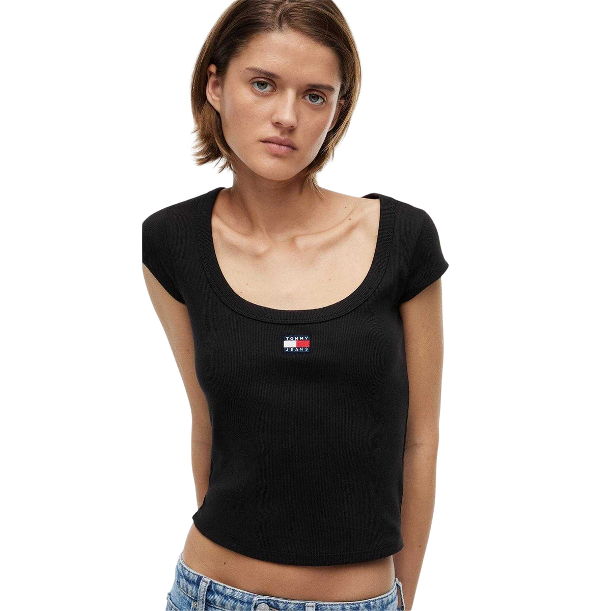 Black - Side - Tommy Jeans Womens-Ladies Embroidered Logo Slim T-Shirt