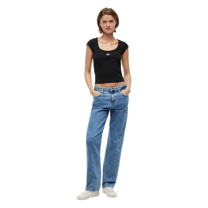 Black - Lifestyle - Tommy Jeans Womens-Ladies Embroidered Logo Slim T-Shirt