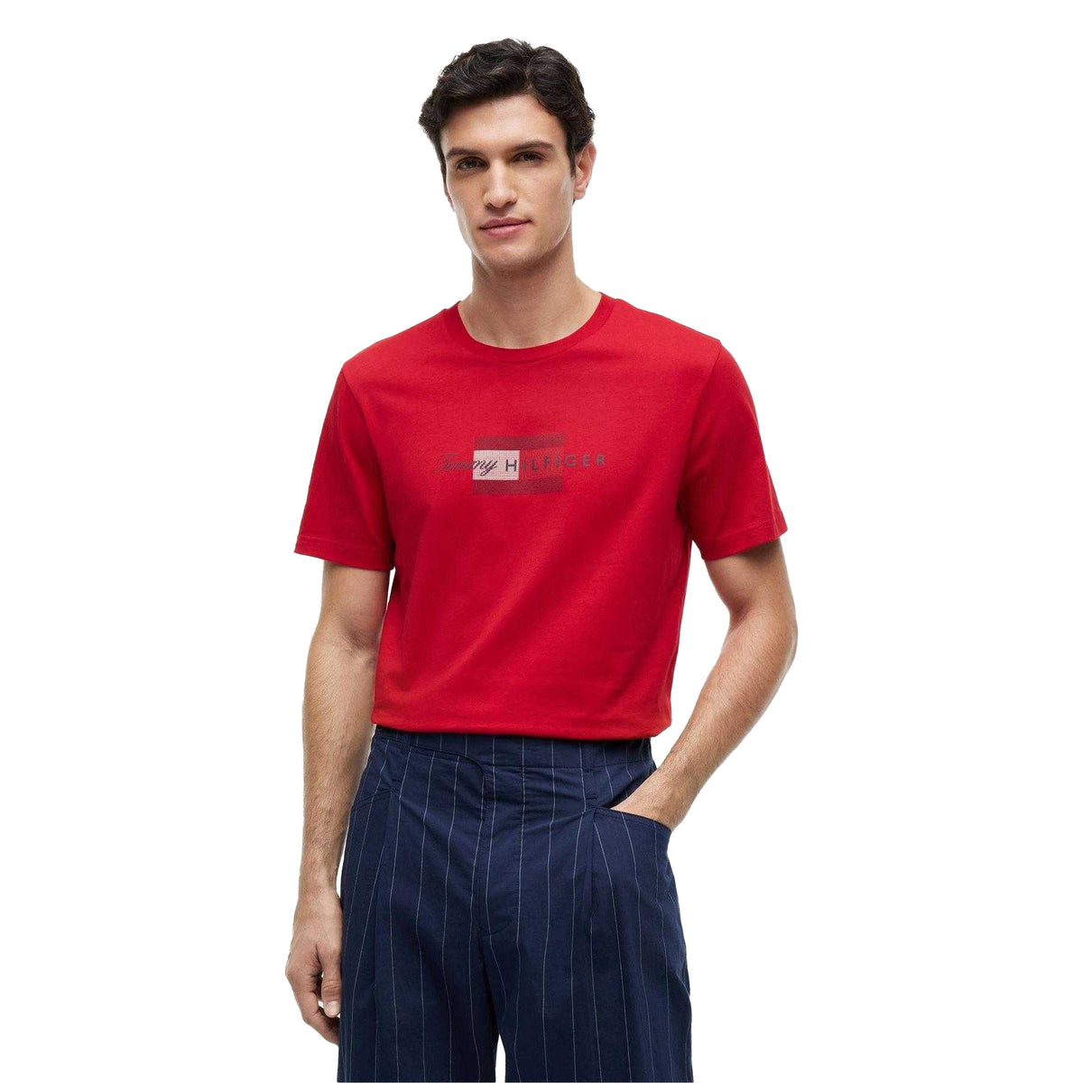 Red - Side - Tommy Hilfiger Mens Script Logo T-Shirt