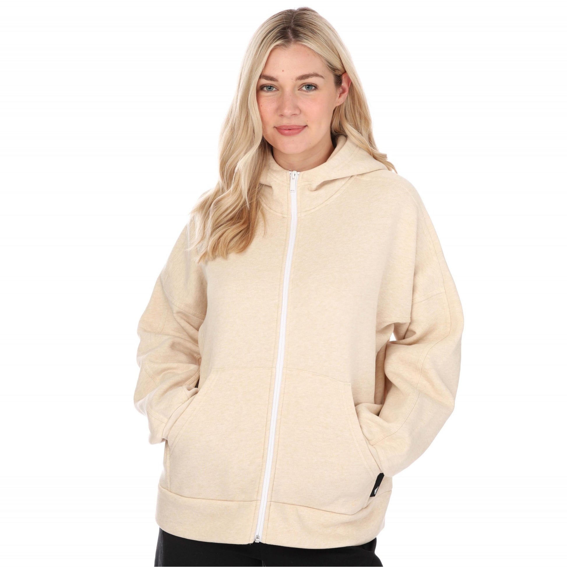 Beige - Front - Adidas Womens-Ladies Studio Lounge Fleece Full Zip Hoodie