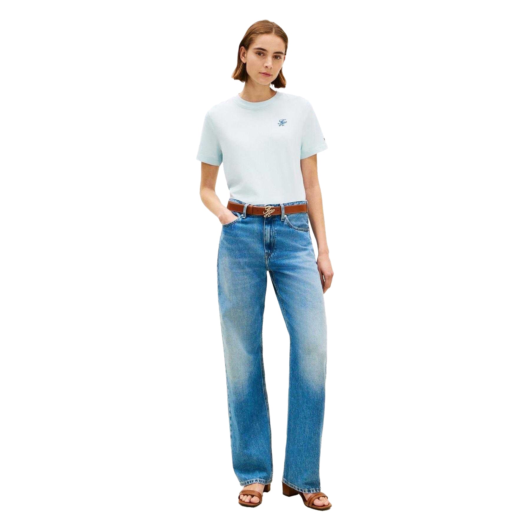 Blue - Pack Shot - Tommy Hilfiger Womens-Ladies Script Logo T-Shirt