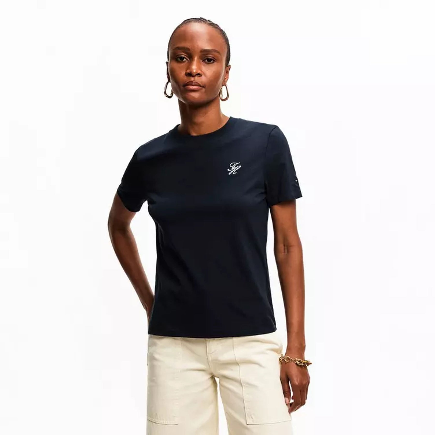 Navy - Side - Tommy Hilfiger Womens-Ladies Script Logo T-Shirt