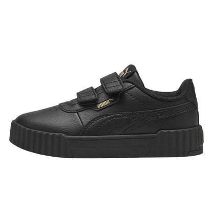 Black-Gold - Back - Puma Childrens-Kids Carina 3.0 Logo Leather Court Trainers