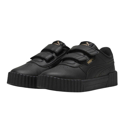 Black-Gold - Lifestyle - Puma Childrens-Kids Carina 3.0 Logo Leather Court Trainers