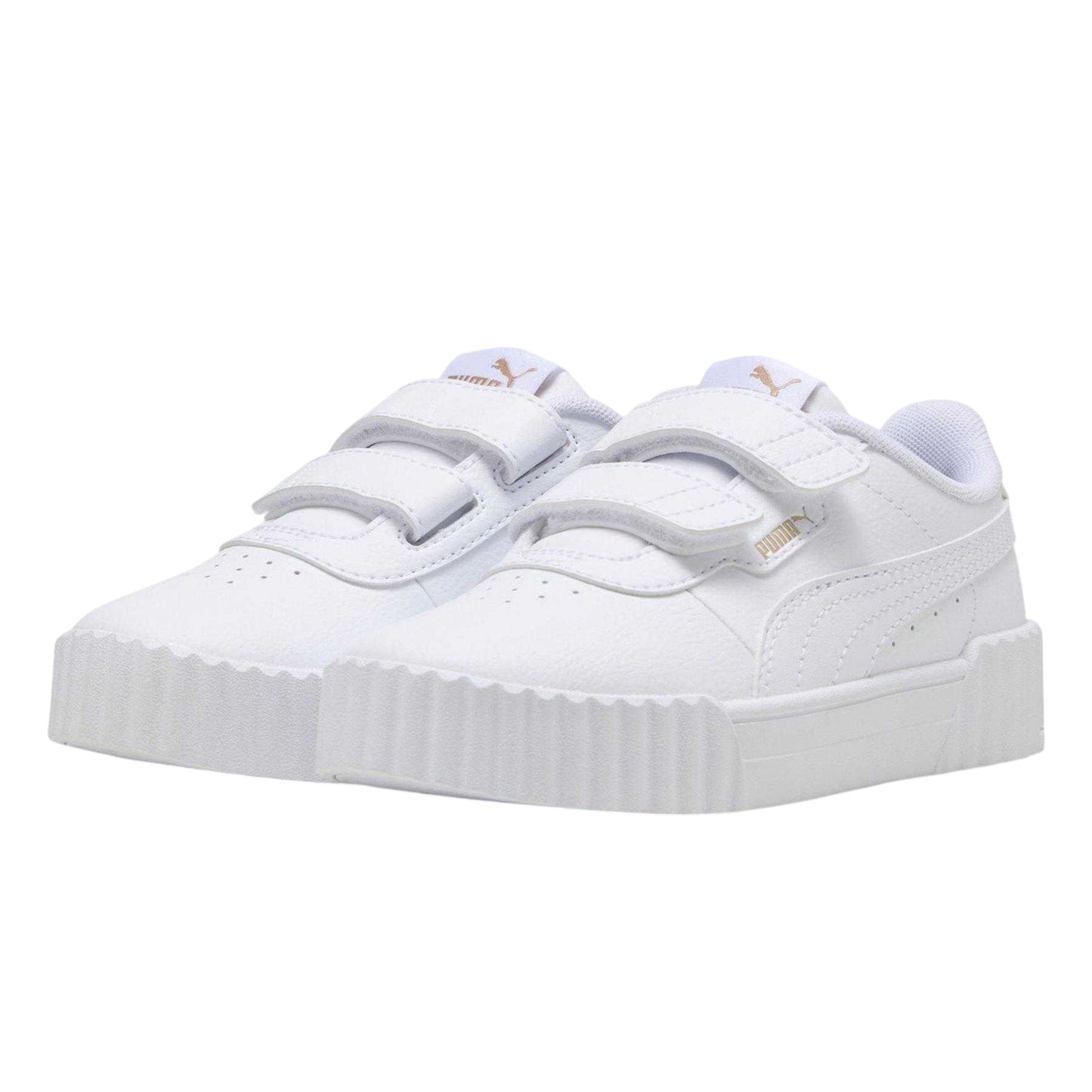 White-Gold - Lifestyle - Puma Childrens-Kids Carina 3.0 Logo Leather Court Trainers