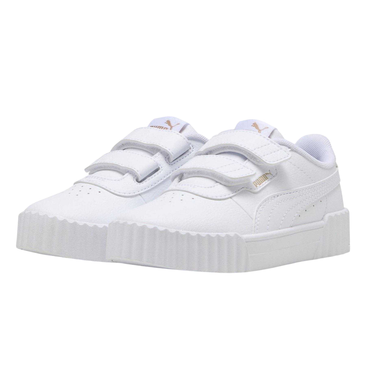 White-Gold - Lifestyle - Puma Childrens-Kids Carina 3.0 Logo Leather Court Trainers