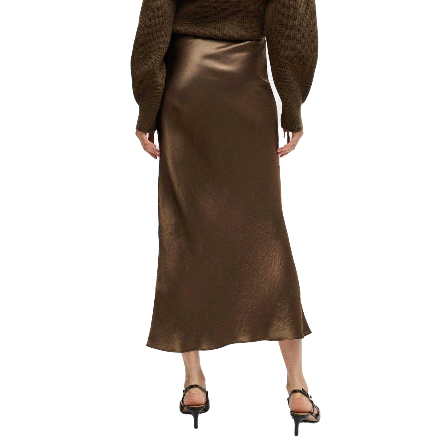 Brown - Back - Boss Womens-Ladies Vesatie Satin Midi Skirt