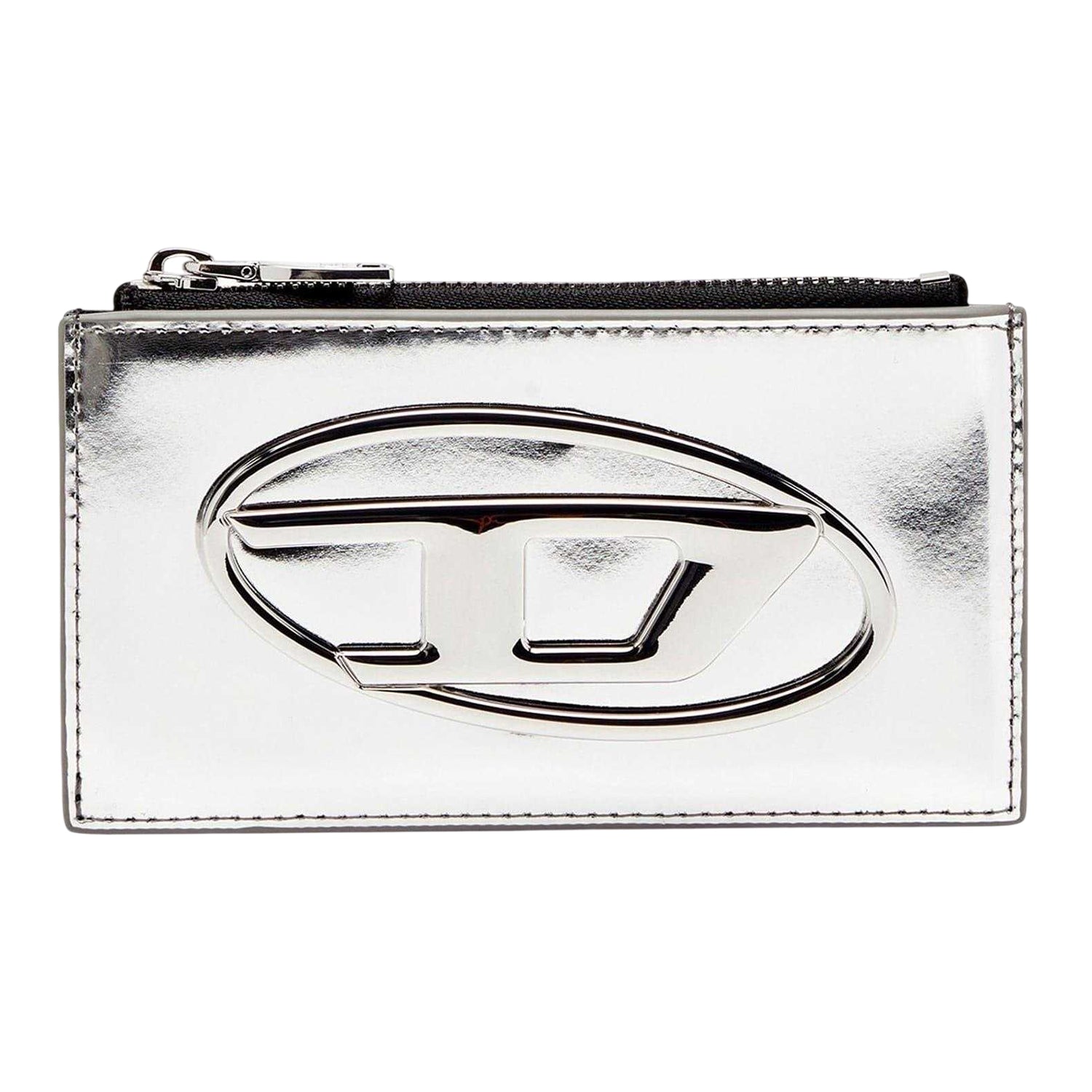 Silver - Front - Diesel Metal Logo Leather Card Holder