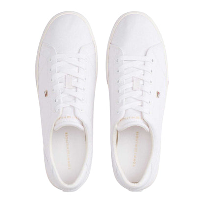White - Side - Tommy Hilfiger Womens-Ladies Flag Logo Canvas Flat Trainers