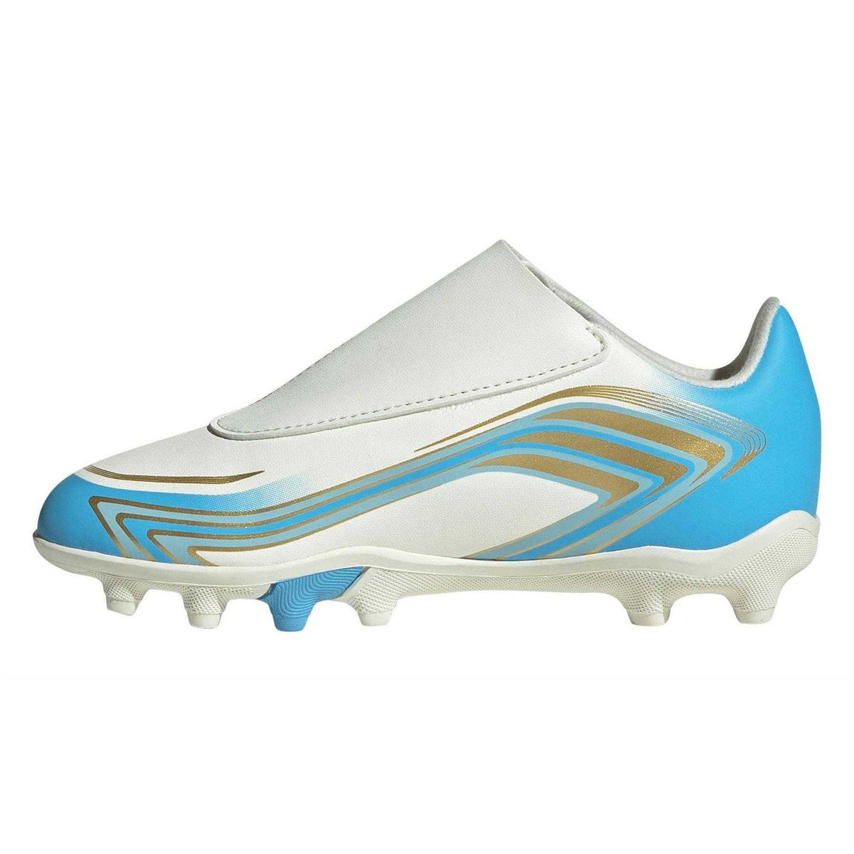 Cream-Blue-Gold - Side - Adidas Childrens-Kids F50 Laceless Firm Ground Football Boots