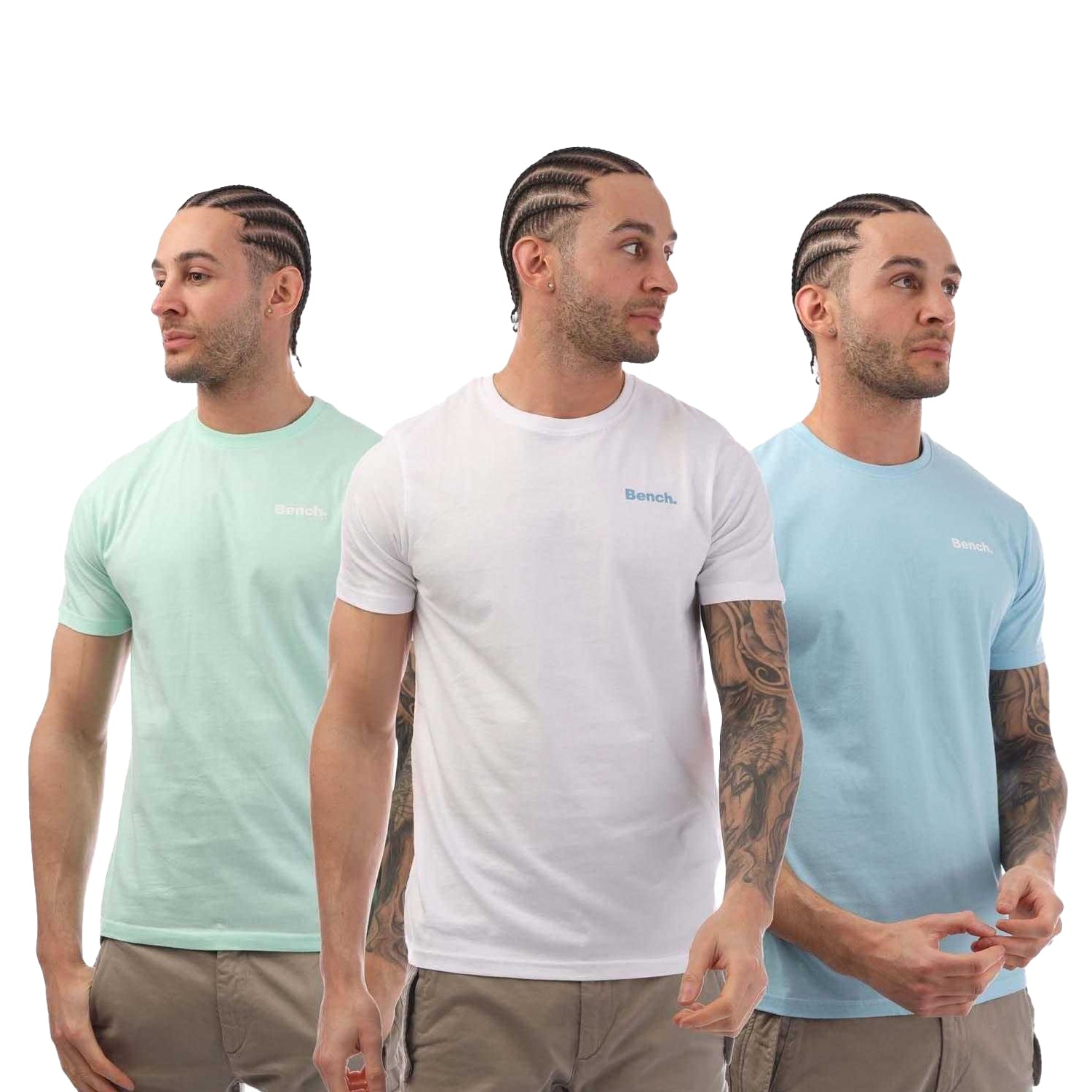 White-Blue-Green - Front - Bench Mens Stanille Logo T-Shirt (Pack of 3)