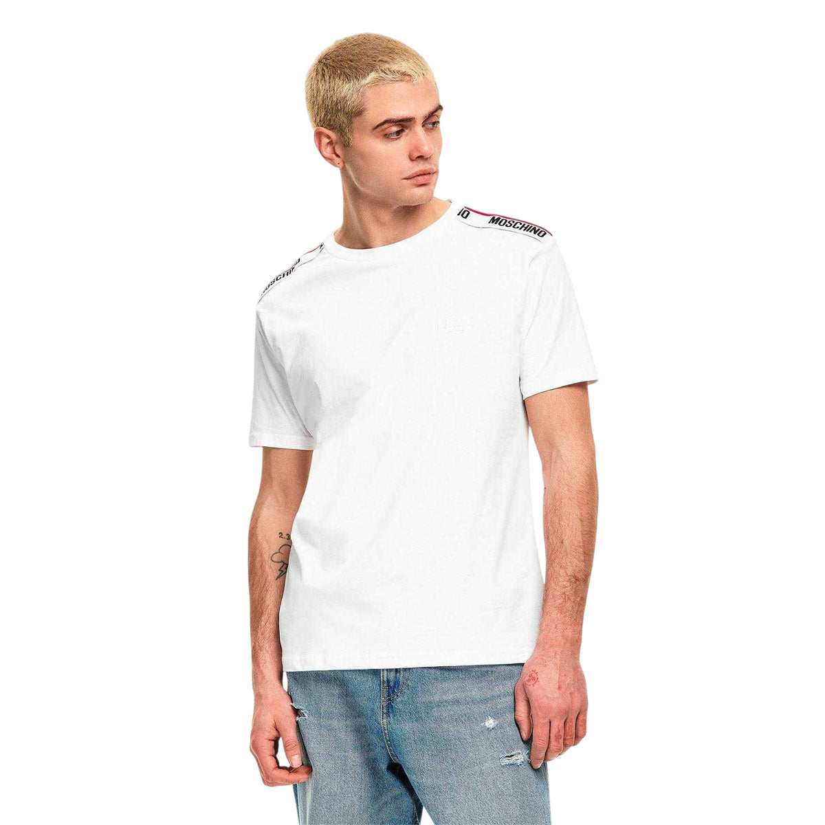 White - Side - Moschino Mens Tape Regular T-Shirt