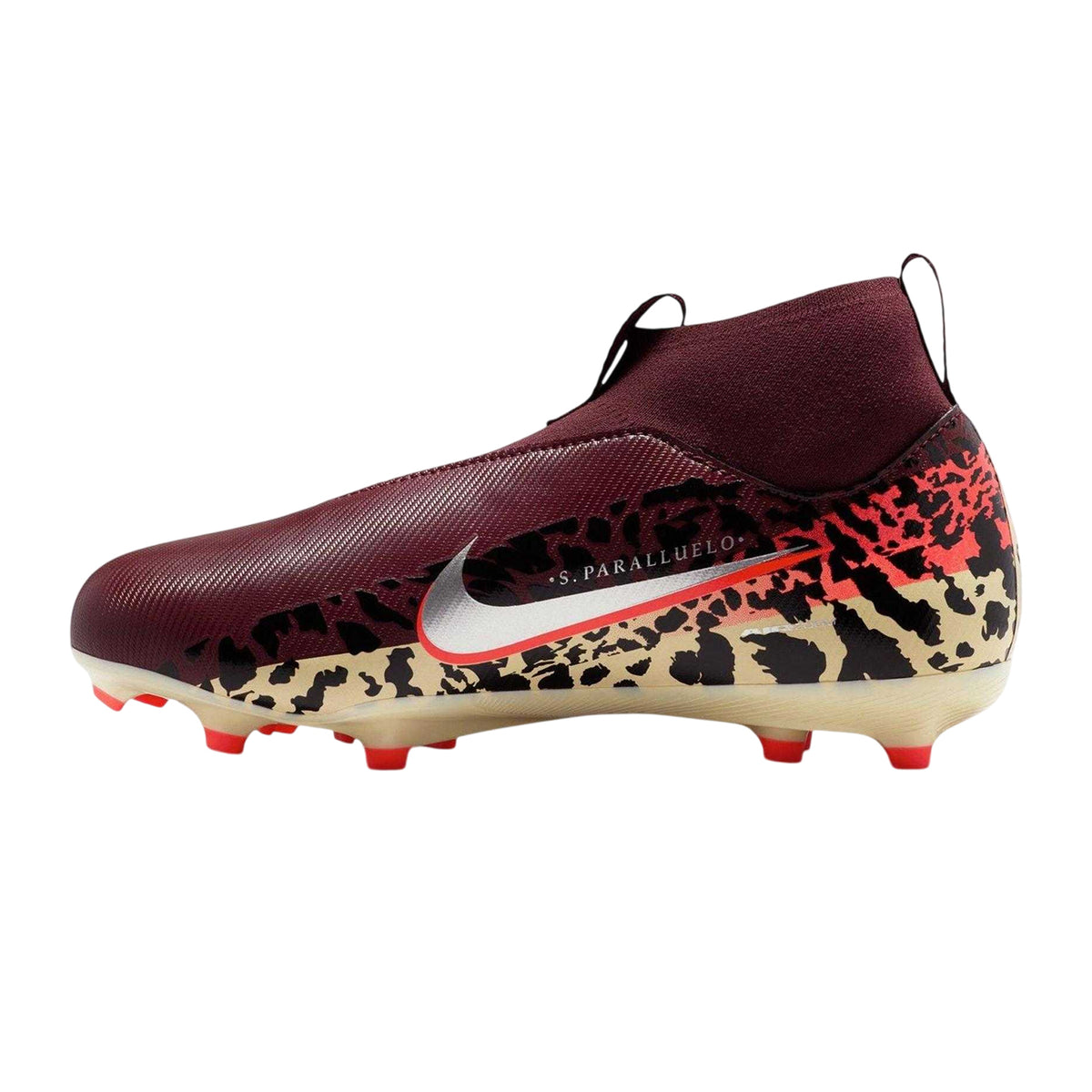 Burgundy - Side - Nike Childrens-Kids Zoom Mercurial Superfly 10 Academy Leopard Print Laceless Firm Ground Football Boots