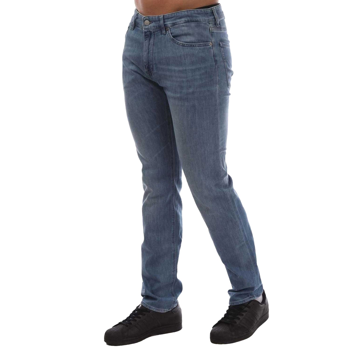 Turquoise - Side - Boss Mens Maine3 Leather Badge Slim Jeans