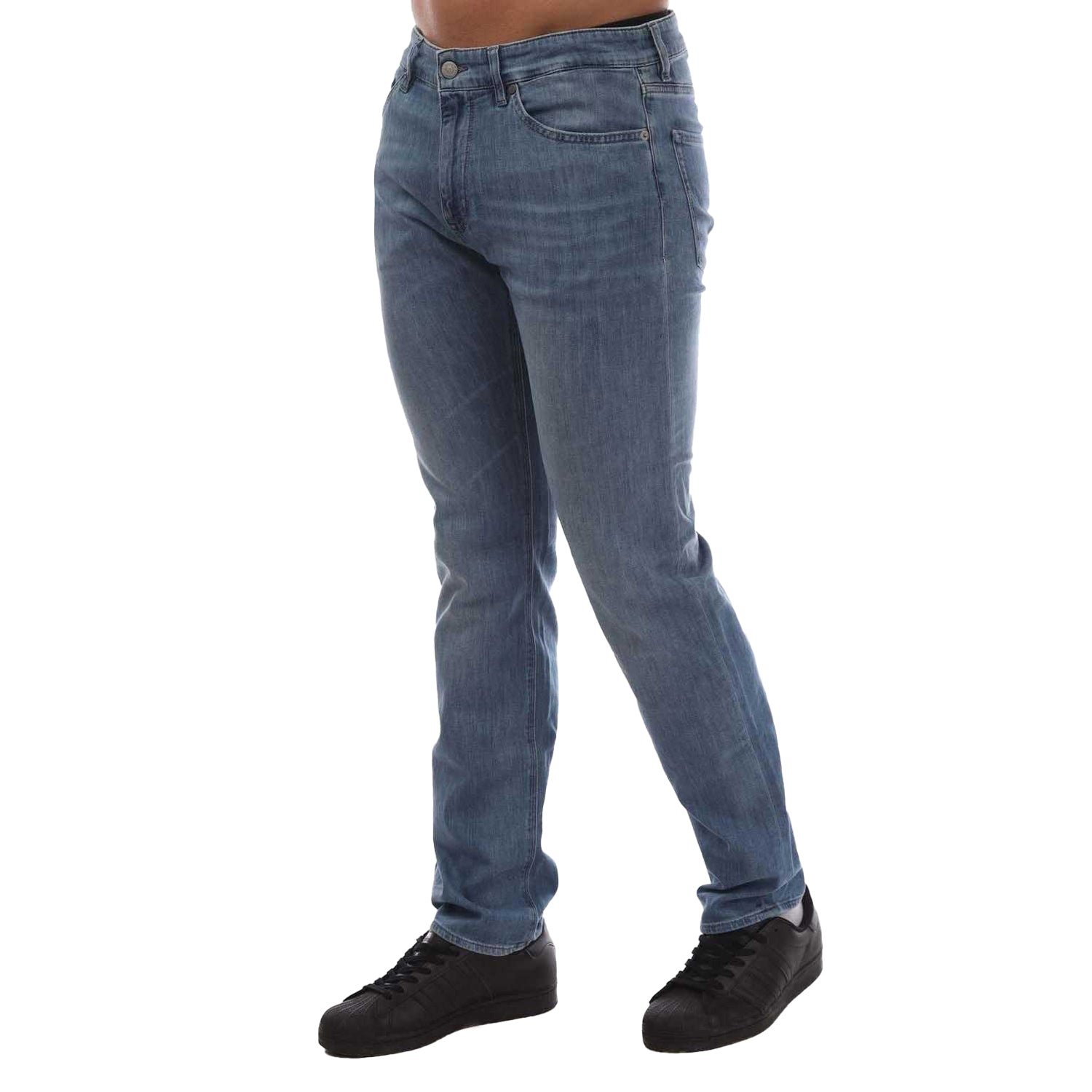 Turquoise - Side - Boss Mens Maine3 Leather Badge Slim Jeans