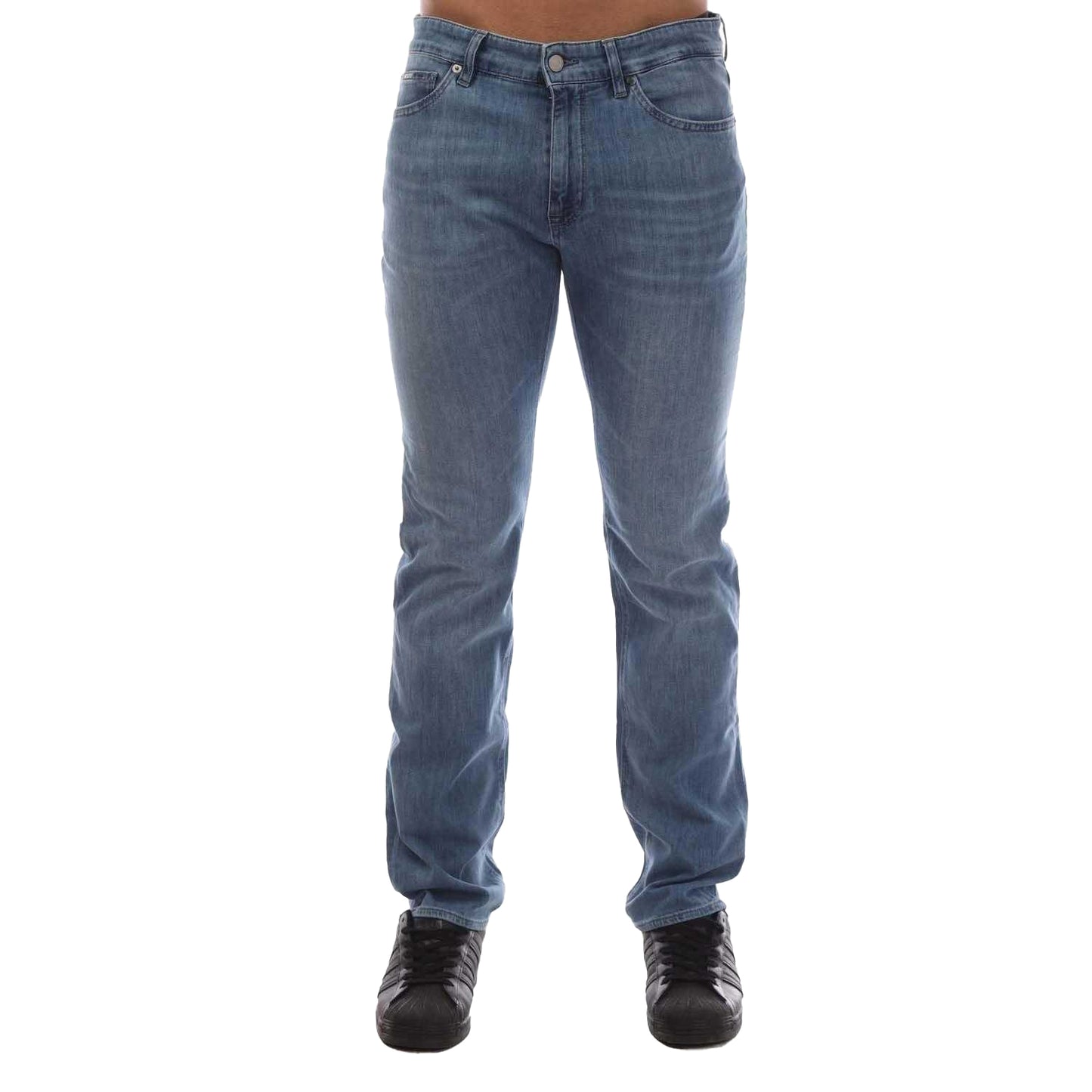 Turquoise - Front - Boss Mens Maine3 Leather Badge Slim Jeans