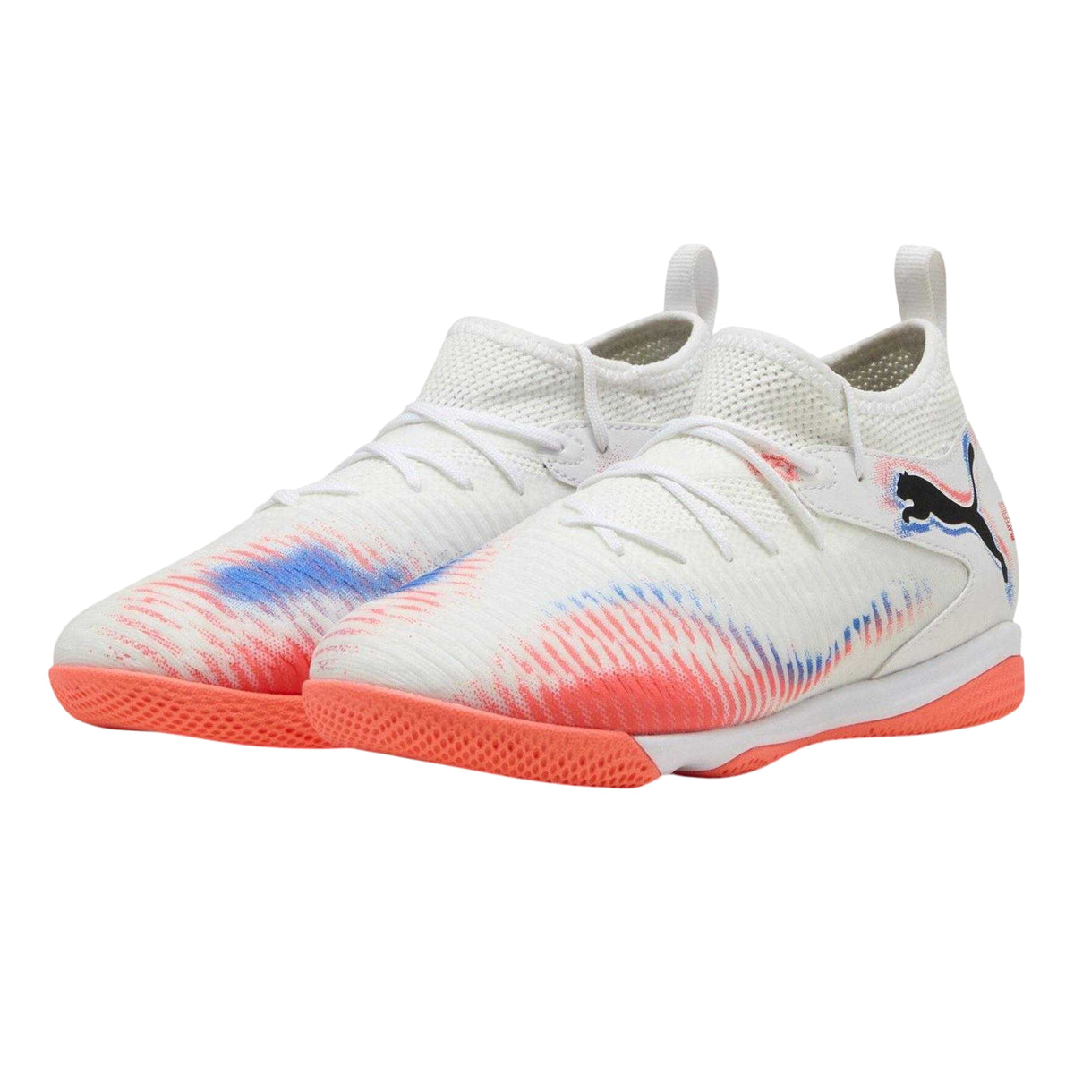 White-Black-Glowing Red - Pack Shot - Puma Childrens-Kids Future 8 Match Mid Cut Flat Indoor Football Shoes