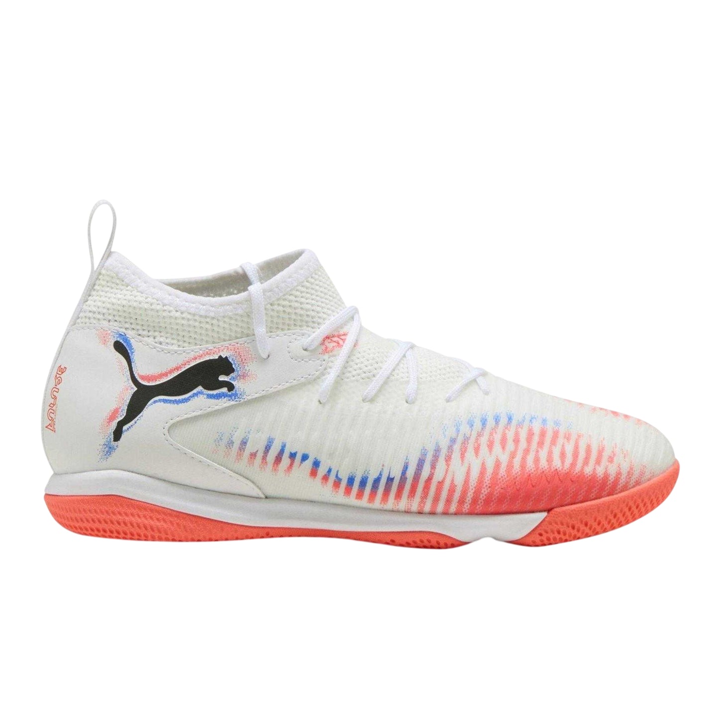 White-Black-Glowing Red - Front - Puma Childrens-Kids Future 8 Match Mid Cut Flat Indoor Football Shoes