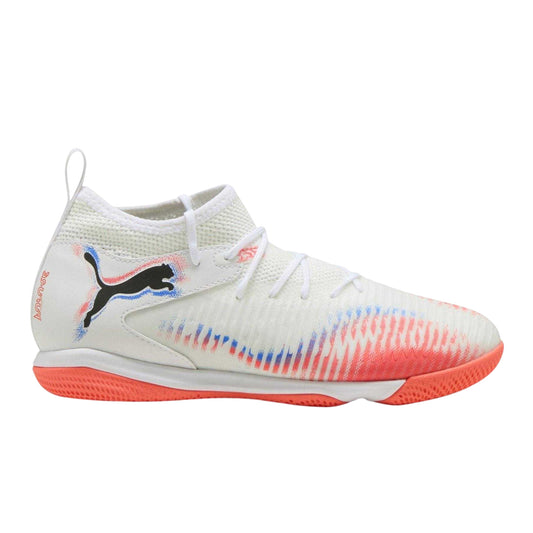 White-Black-Glowing Red - Front - Puma Childrens-Kids Future 8 Match Mid Cut Flat Indoor Football Shoes