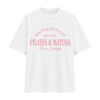 Pink - Front - I Saw It First Womens-Ladies Pilates And Matcha Graphic Print Oversized T-Shirt