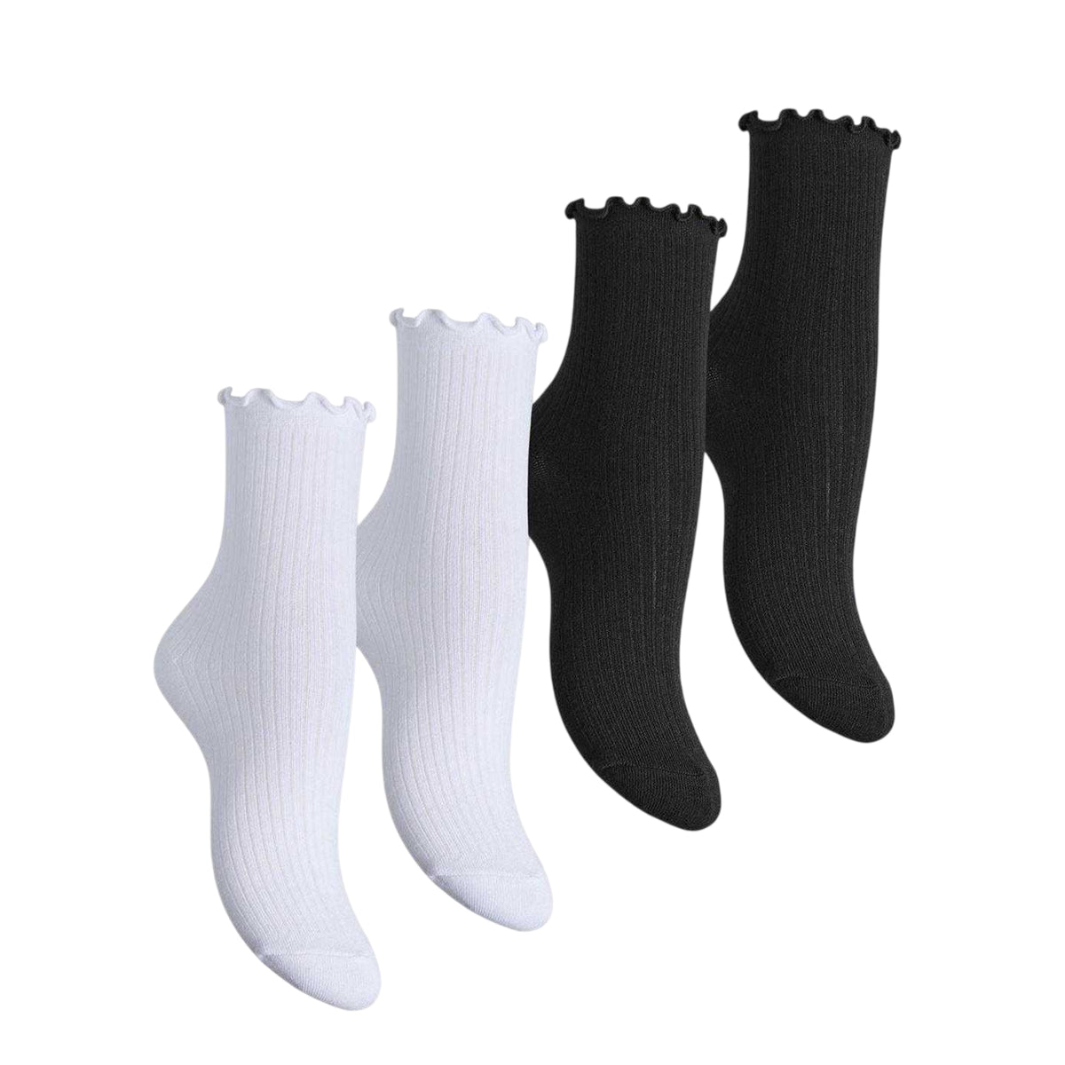 Black-White - Front - Pieces Womens-Ladies Afia Ruffle Trim Ankle Socks (Pack of 4)