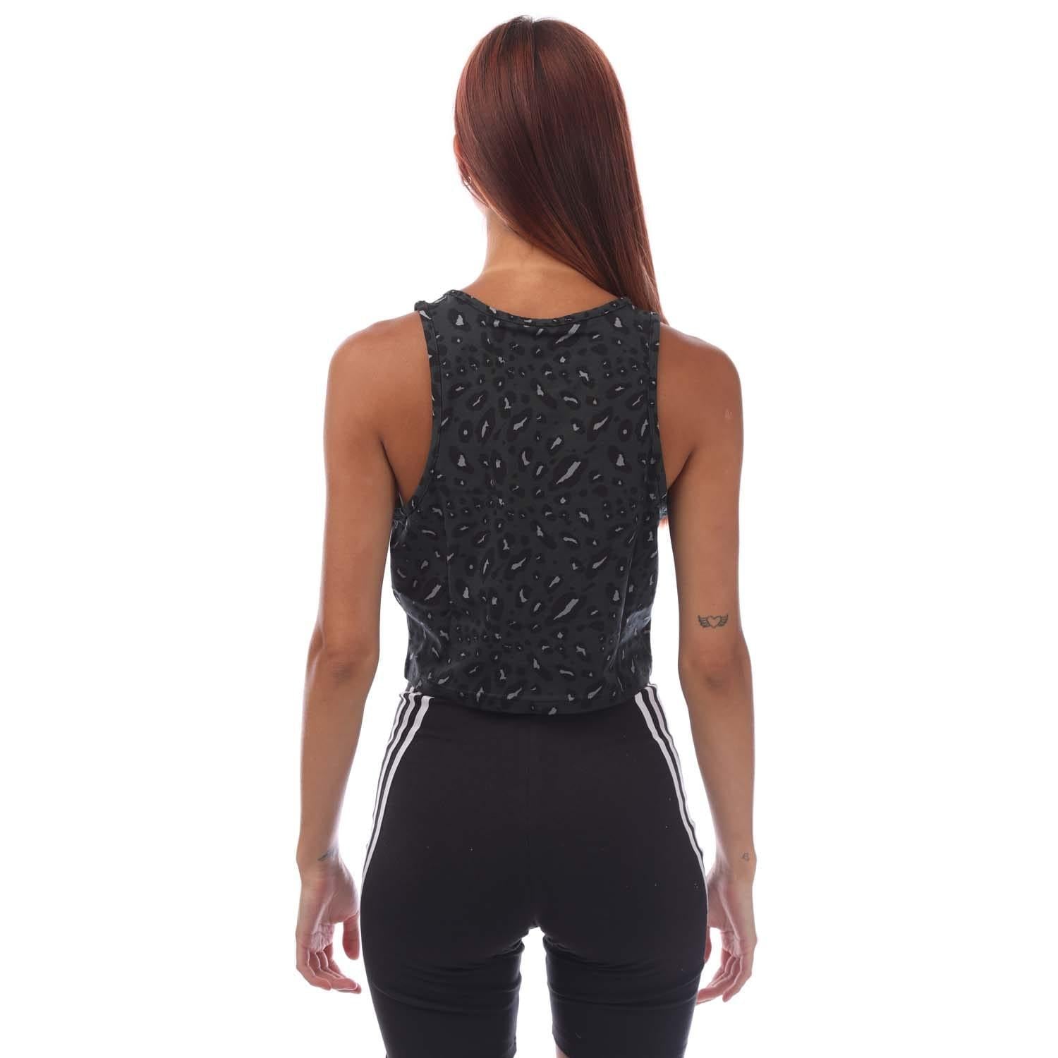 Grey-Black - Back - Adidas Womens-Ladies Essentials Animal Print Crop Top