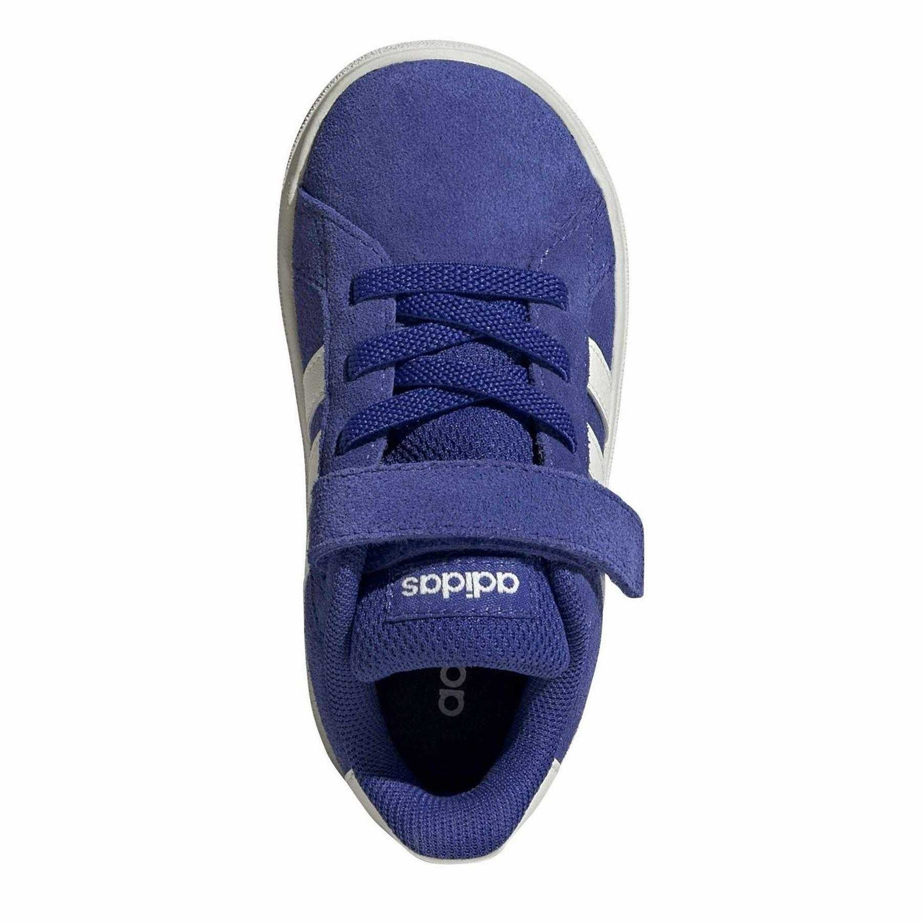 Lucid Blue - Side - Adidas Childrens-Kids Grand Court Lo Stripes Suede Flat Shoes