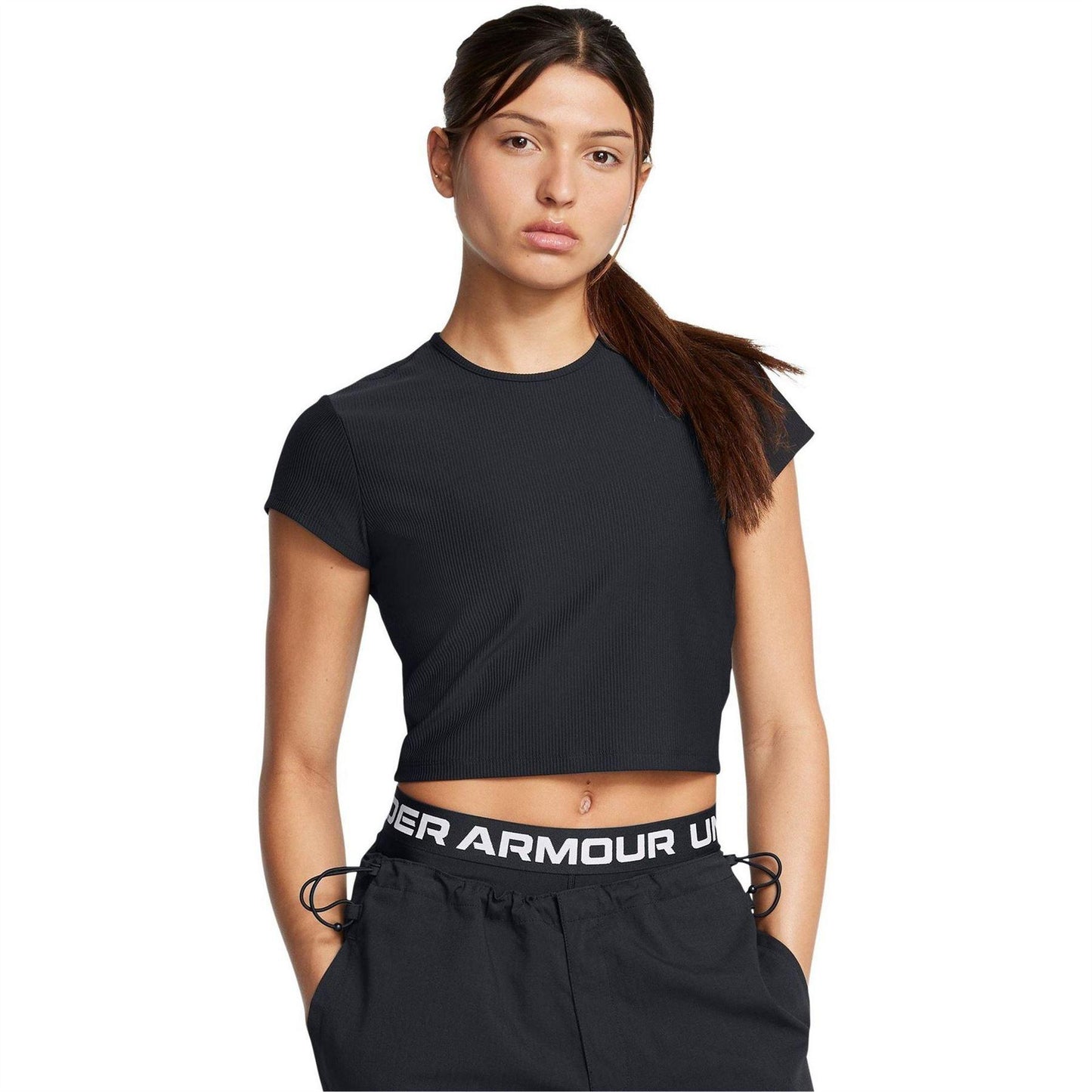 Black - Side - Under Armour Womens-Ladies Rival Ribbed Cropped T-Shirt