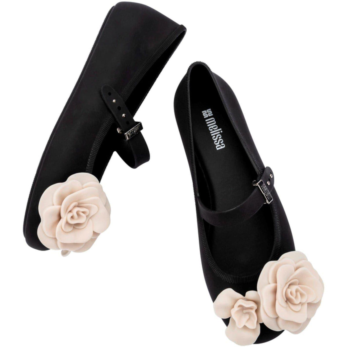Black-Beige - Pack Shot - Melissa Baby Girls Floral Flat Mary Janes