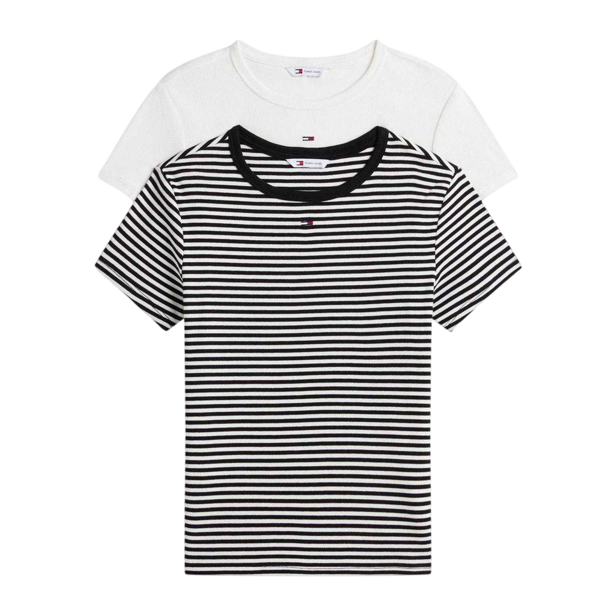 Ecru-Black - Front - Tommy Jeans Womens-Ladies Essentials Embroidered Logo T-Shirt (Pack of 2)