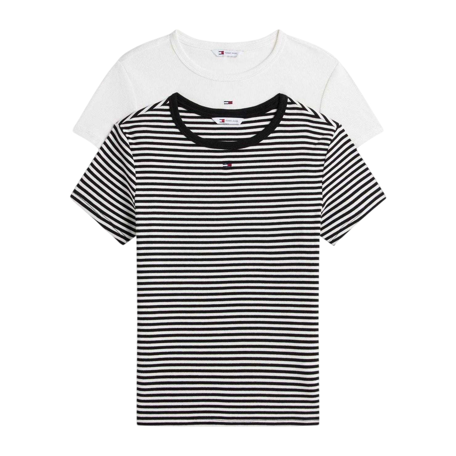 Ecru-Black - Front - Tommy Jeans Womens-Ladies Essentials Embroidered Logo T-Shirt (Pack of 2)