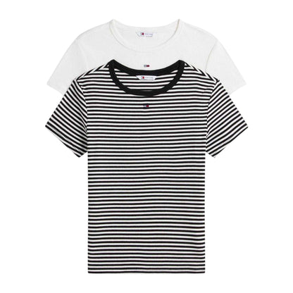 Ecru-Black - Front - Tommy Jeans Womens-Ladies Essentials Embroidered Logo T-Shirt (Pack of 2)