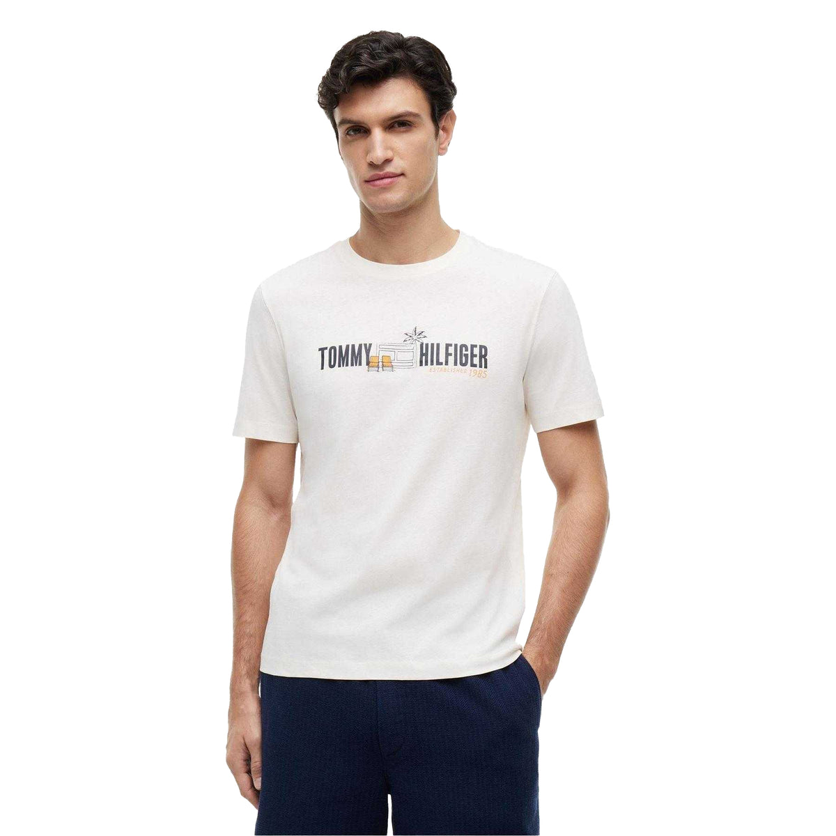 Ivory - Side - Tommy Hilfiger Mens Summer Chest Print Regular T-Shirt