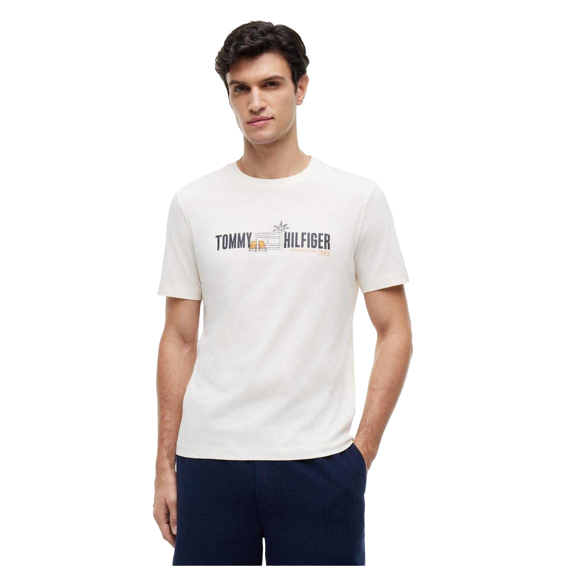 Ivory - Side - Tommy Hilfiger Mens Summer Chest Print Regular T-Shirt