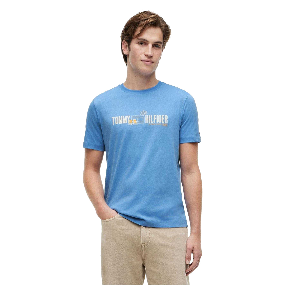 White-Blue - Pack Shot - Tommy Hilfiger Mens Summer Chest Print Regular T-Shirt