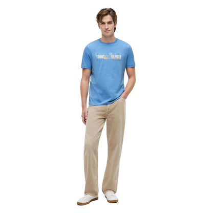 White-Blue - Close up - Tommy Hilfiger Mens Summer Chest Print Regular T-Shirt